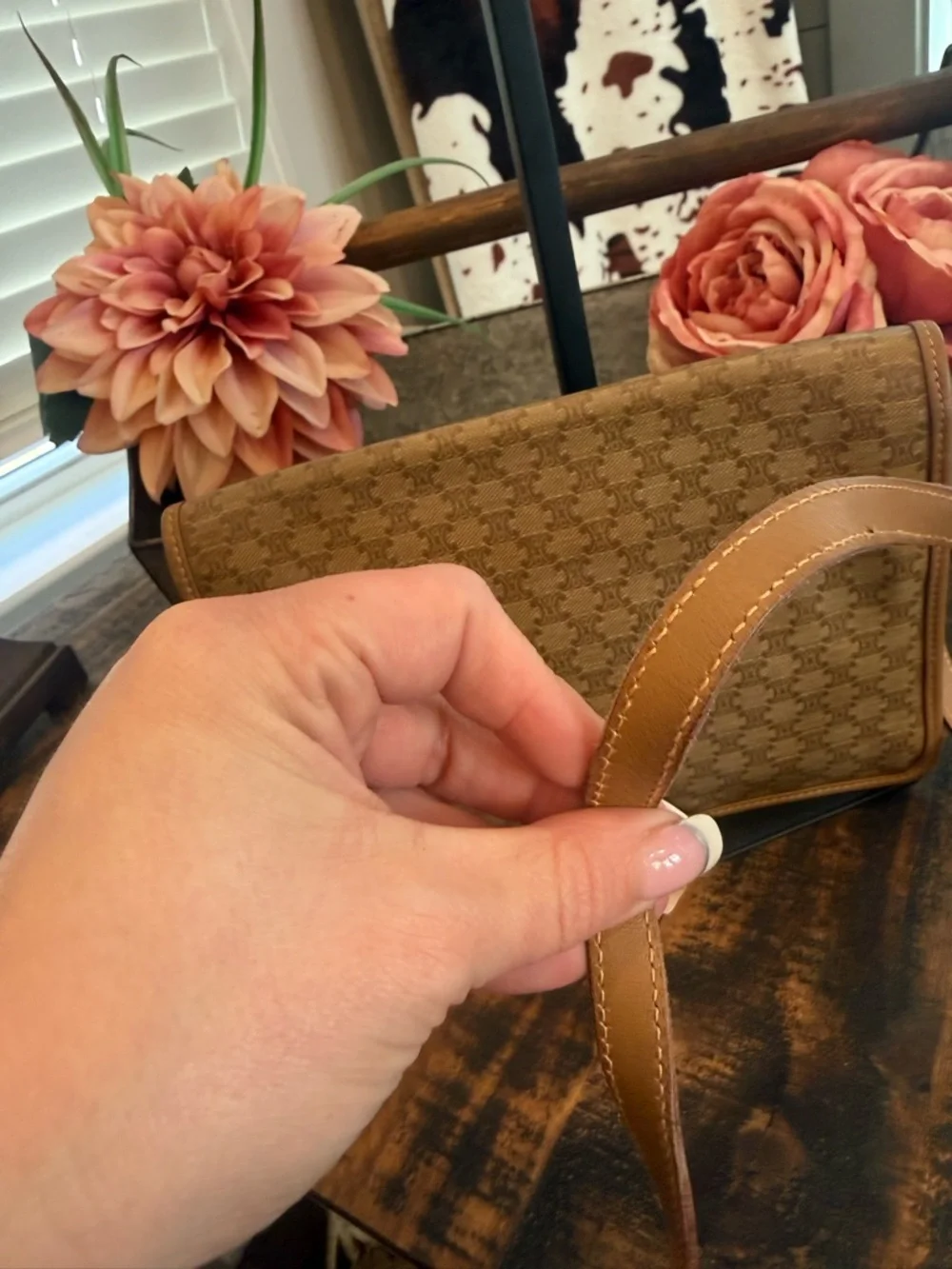 Celine Authentic Tan Macadam Crossbody Shoulder Bag w/Tan leather accent - Picture 6 of 15